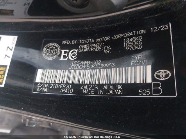 Продаж на аукціоні авто 2024 Toyota Corolla Hybrid Le, vin: JTDBCMFE0R3039953, номер лоту: 12703997