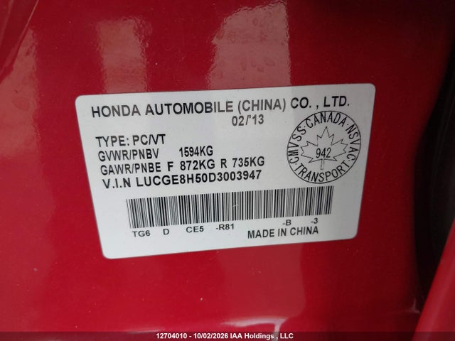 Aukcja sprzedaży 2013 Honda Fit Lx, vin: LUCGE8H50D3003947, numer aukcji: 12704010