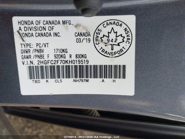 2HGFC2F70KH019519 Honda Civic