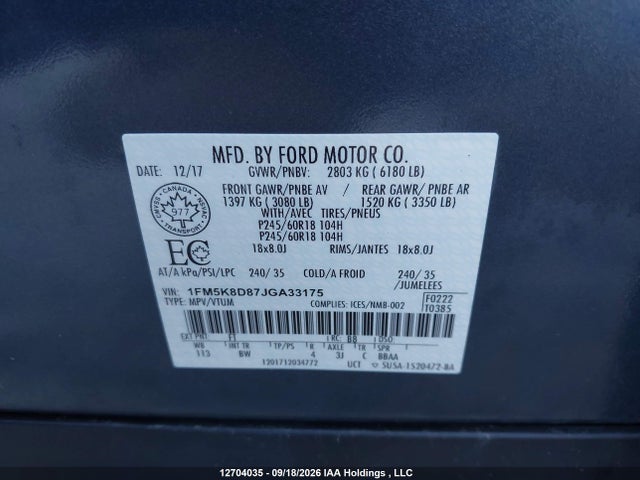 Ford EXPLORER XLT 2018 1FM5K8D87JGA33175 Image 9