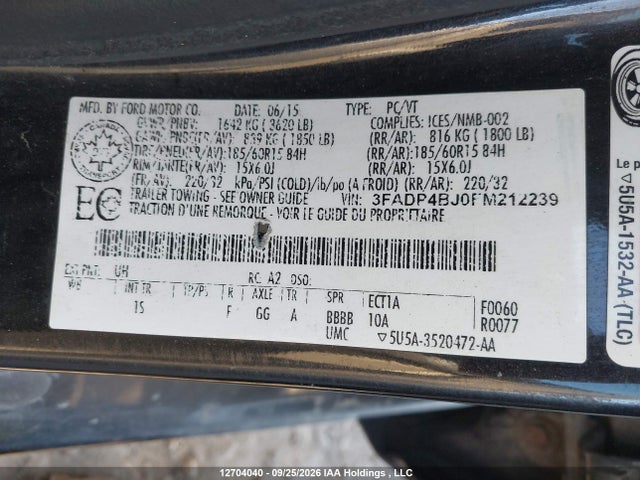 12704040 :رقم المزاد ، 3FADP4BJ0FM212239 vin ، 2015 Ford Fiesta Se مزاد بيع
