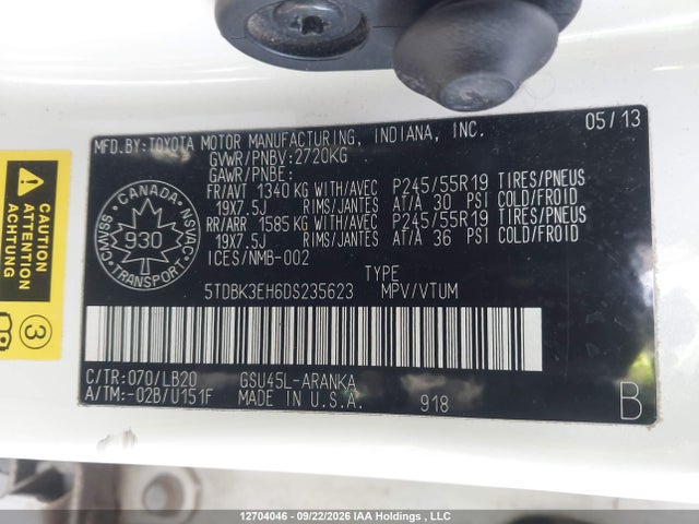 Aukcja sprzedaży 2013 Toyota Highlander V6, vin: 5TDBK3EH6DS235623, numer aukcji: 12704046