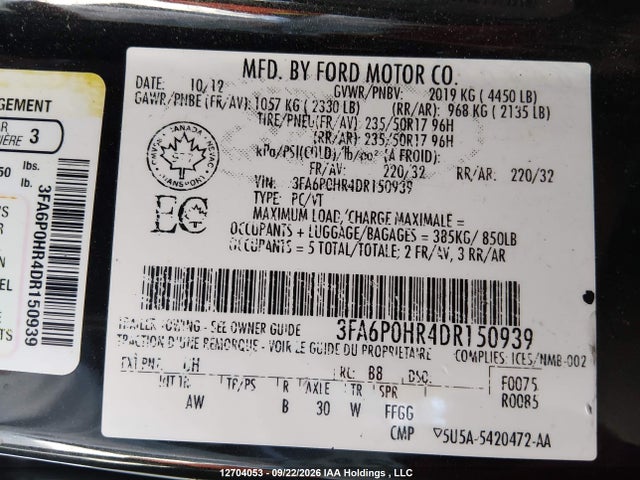 Продаж на аукціоні авто 2013 Ford Fusion Se, vin: 3FA6P0HR4DR150939, номер лоту: 12704053