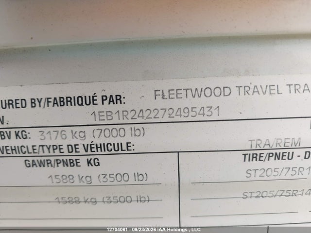 2007 Fleetwood  მანქანა იყიდება აუქციონზე, vin: 1EB1R242272495431, აუქციონის ნომერი: 12704061
