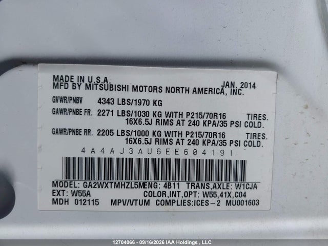 Auction sale of the 2014 Mitsubishi Rvr Se, vin: 4A4AJ3AU6EE604191, lot number: 12704066