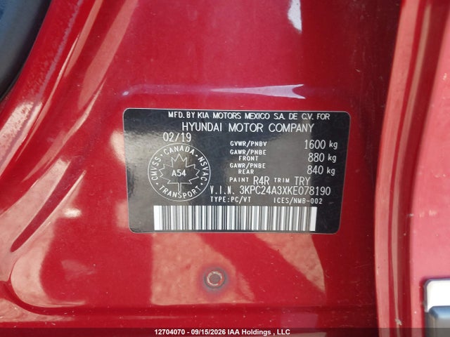 12704070 :رقم المزاد ، 3KPC24A3XKE078190 vin ، 2019 Hyundai Accent Se/sel مزاد بيع