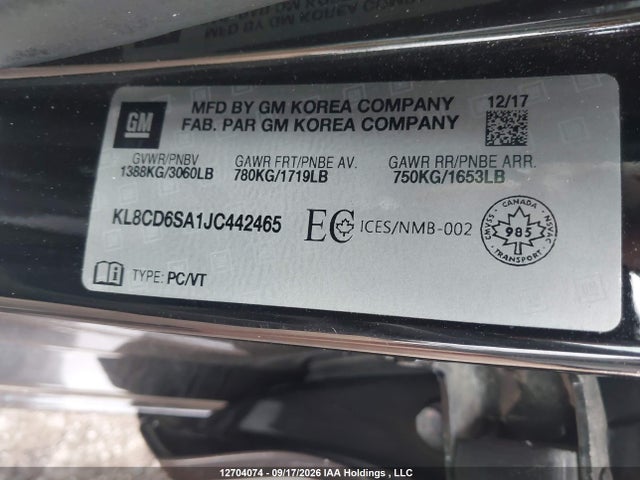 Aukcja sprzedaży 2018 Chevrolet Spark 1lt, vin: KL8CD6SA1JC442465, numer aukcji: 12704074