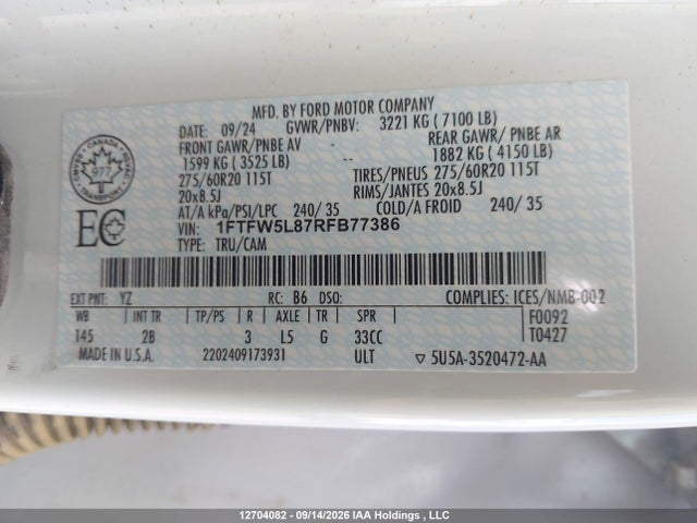 Продаж на аукціоні авто 2024 Ford F150 Lariat, vin: 1FTFW5L87RFB77386, номер лоту: 12704082