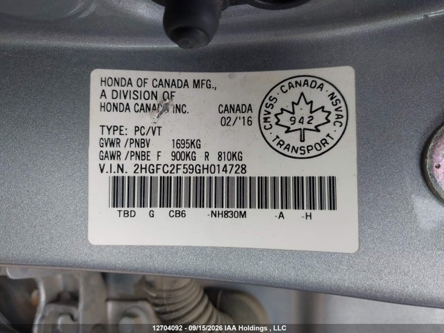 2016 Honda Civic Lx მანქანა იყიდება აუქციონზე, vin: 2HGFC2F59GH014728, აუქციონის ნომერი: 12704092