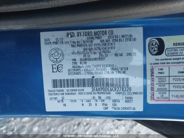 12704093 :رقم المزاد ، 3FAHP0DC6CR278320 vin ، 2012 Ford Fusion Sport مزاد بيع