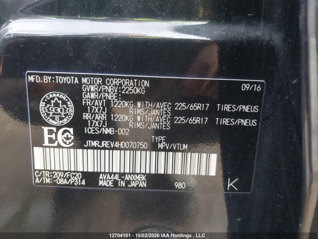 Aukcja sprzedaży 2017 Toyota Rav4 Hybrid Le+, vin: JTMRJREV4HD070750, numer aukcji: 12704101