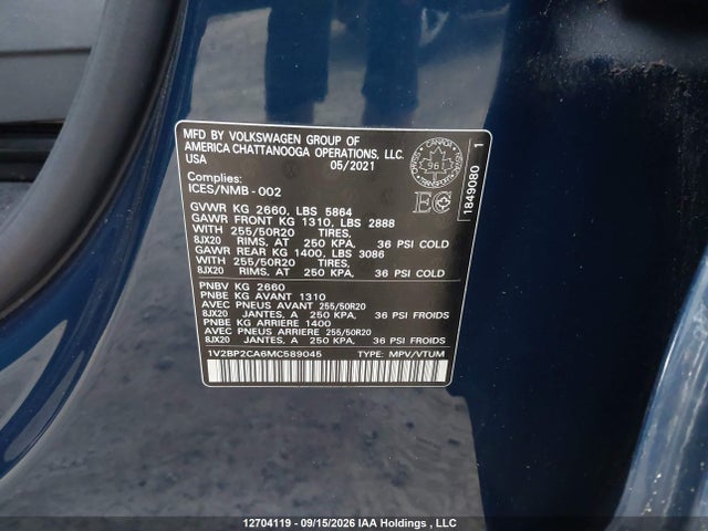 2021 Volkswagen Atlas Sel მანქანა იყიდება აუქციონზე, vin: 1V2BP2CA6MC589045, აუქციონის ნომერი: 12704119