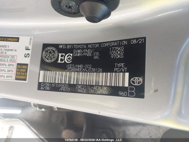 2022 Toyota Corolla Hybrid Base W/li Battery მანქანა იყიდება აუქციონზე, vin: JTDBBMBE6NJ038126, აუქციონის ნომერი: 12704126