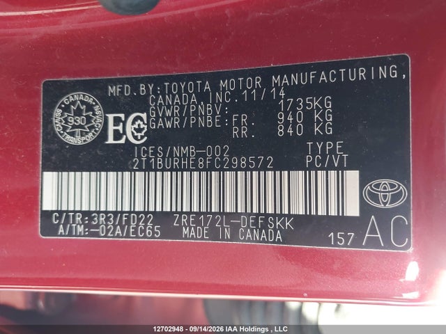 Продажа на аукционе авто 2015 Toyota Corolla S, vin: 2T1BURHE8FC298572, номер лота: 12702948