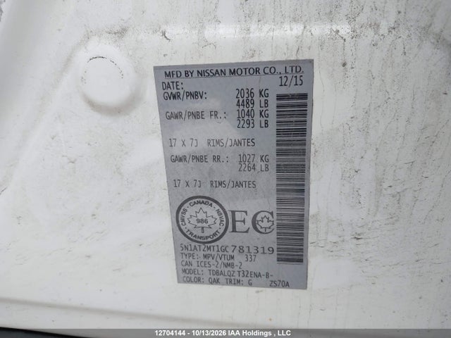 5N1AT2MT1GC781319 Nissan Rogue S/sl/sv