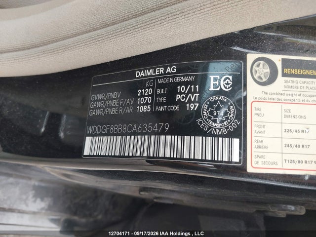 12704171 :رقم المزاد ، WDDGF8BB8CA635479 vin ، 2012 Mercedes-benz C 300 4matic مزاد بيع