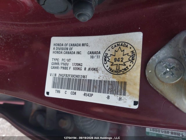 Продажа на аукционе авто 2012 Honda Civic Ex, vin: 2HGFB2F50CH012461, номер лота: 12704194