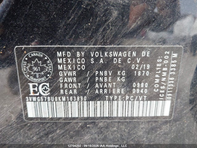 2019 Volkswagen Jetta 1.4 Tsi Execline მანქანა იყიდება აუქციონზე, vin: 3VWG57BU8KM163890, აუქციონის ნომერი: 12704202