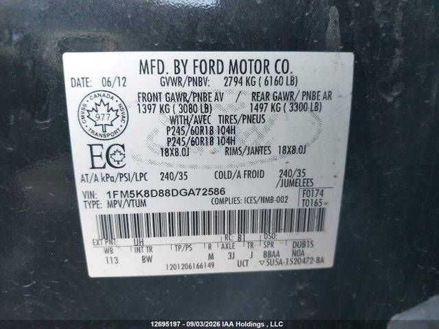 Auction sale of the 2013 Ford Explorer Xlt, vin: 1FM5K8D88DGA72586, lot number: 12695197