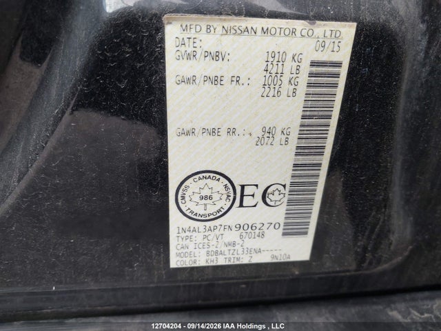 12704204 :رقم المزاد ، 1N4AL3AP7FN906270 vin ، 2015 Nissan Altima 2.5/s/sv/sl مزاد بيع