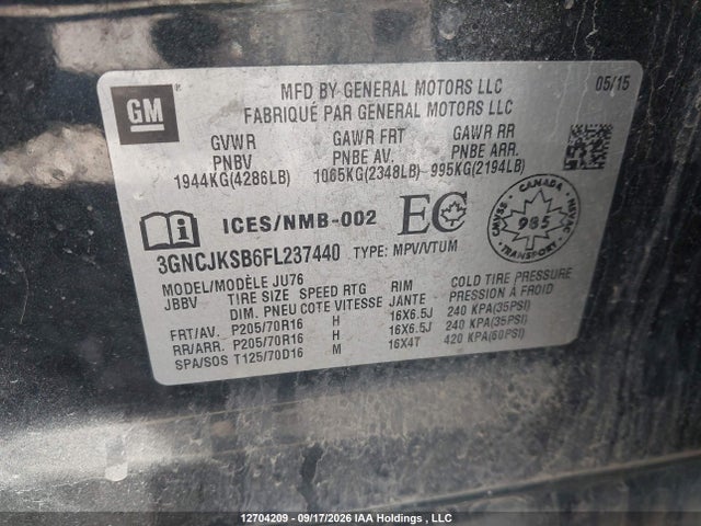 12704209 :رقم المزاد ، 3GNCJKSB6FL237440 vin ، 2015 Chevrolet Trax Ls مزاد بيع