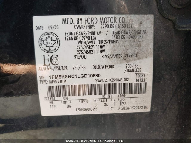 1FM5K8HC1LGD10680 Ford Explorer Platinum