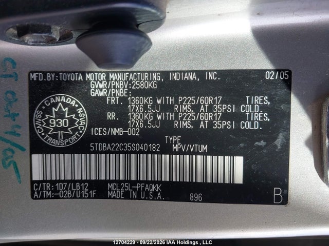 12704229 :رقم المزاد ، 5TDBA22C35S040182 vin ، 2005 Toyota Sienna Xle/xle Limited مزاد بيع