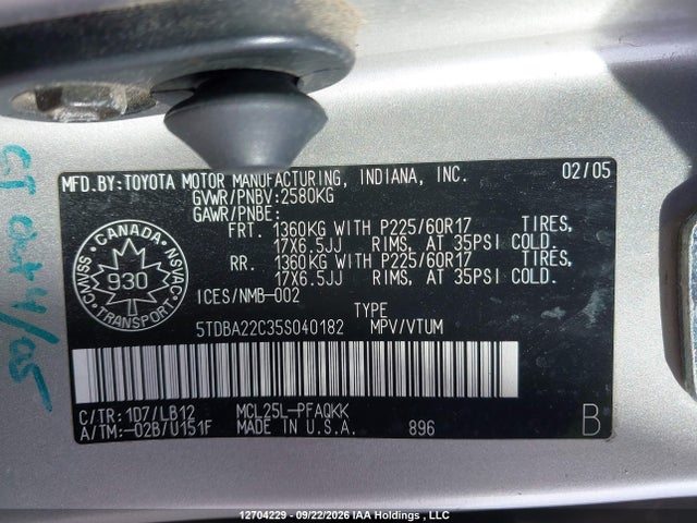 12704229 :رقم المزاد ، 5TDBA22C35S040182 vin ، 2005 Toyota Sienna Xle/xle Limited مزاد بيع