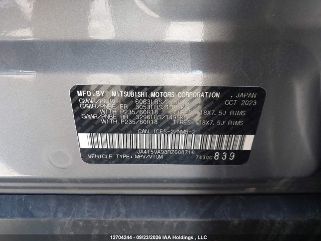 12704244 :رقم المزاد ، JA4T5VA98RZ608716 vin ، 2024 Mitsubishi Outlander Phev Le/sel مزاد بيع