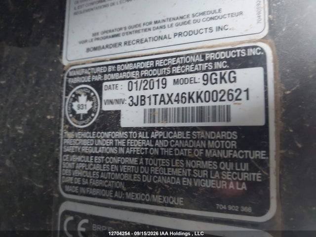 12704254 :رقم المزاد ، 3JB1TAX46KK002621 vin ، 2019 Can-am Maverick Sport Dps 1000r مزاد بيع