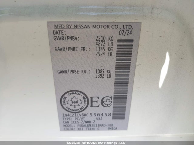 2024 Nissan Leaf Sv/sv Plus მანქანა იყიდება აუქციონზე, vin: 1N4CZ1CV6RC556458, აუქციონის ნომერი: 12704258