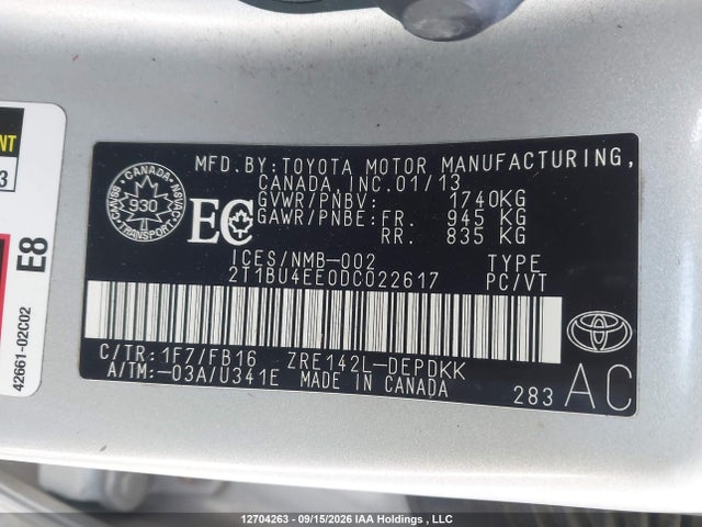 12704263 :رقم المزاد ، 2T1BU4EE0DC022617 vin ، 2013 Toyota Corolla Ce مزاد بيع