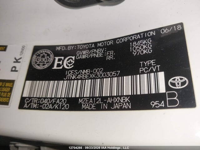 12704266 :رقم المزاد ، JTNK4RBEXK3003057 vin ، 2019 Toyota Corolla Se/xse مزاد بيع
