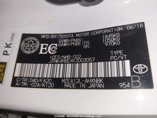 12704266 :رقم المزاد ، JTNK4RBEXK3003057 vin ، 2019 Toyota Corolla Se/xse مزاد بيع
