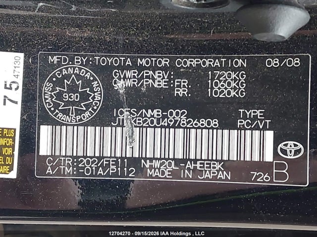 Aukcja sprzedaży 2009 Toyota Prius, vin: JTDKB20U497826808, numer aukcji: 12704270