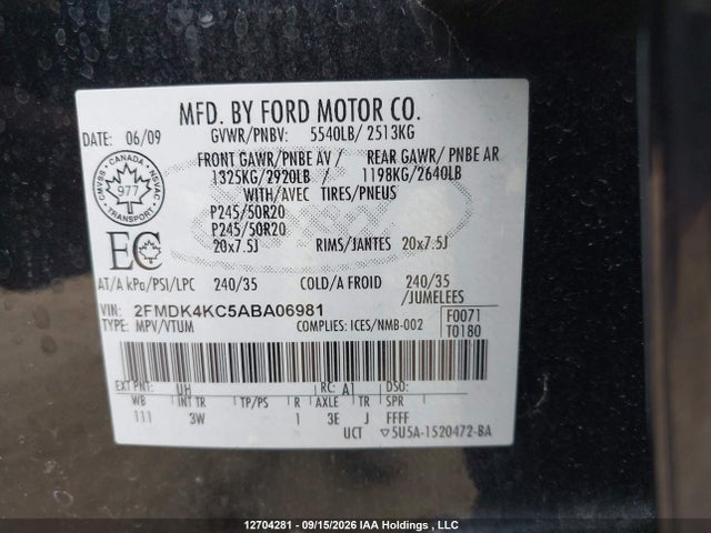 2010 Ford Edge Limited მანქანა იყიდება აუქციონზე, vin: 2FMDK4KC5ABA06981, აუქციონის ნომერი: 12704281