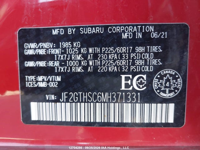 12704286 :رقم المزاد ، JF2GTHSC6MH371331 vin ، 2021 Subaru Crosstrek Outdoor مزاد بيع
