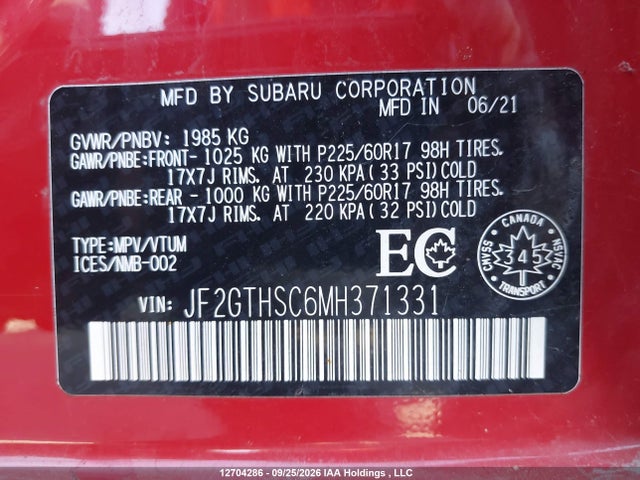 12704286 :رقم المزاد ، JF2GTHSC6MH371331 vin ، 2021 Subaru Crosstrek Outdoor مزاد بيع