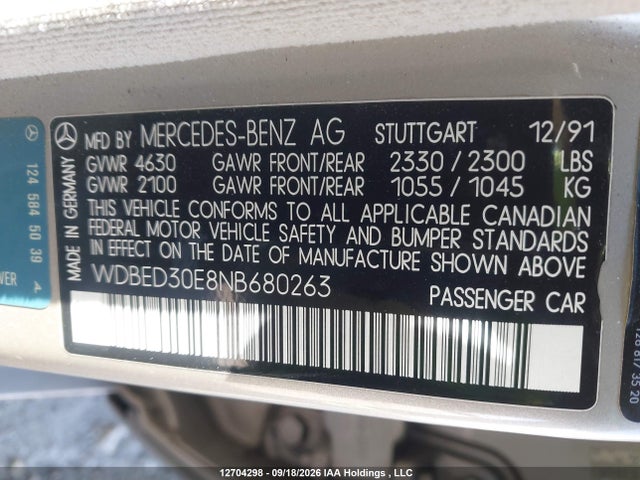 Aukcja sprzedaży 1992 Mercedes-benz C Class, vin: WDBED30E8NB680263, numer aukcji: 12704298