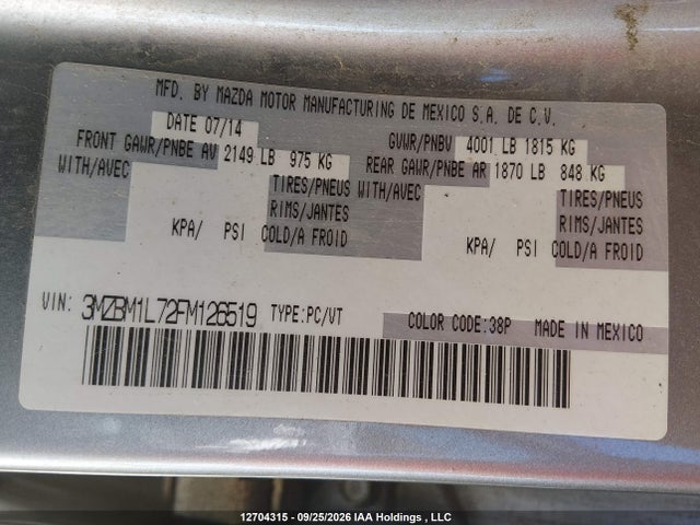 2015 Mazda 3 Touring მანქანა იყიდება აუქციონზე, vin: 3MZBM1L72FM126519, აუქციონის ნომერი: 12704315