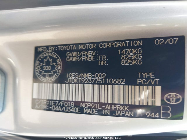 Продаж на аукціоні авто 2007 Toyota Yaris, vin: JTDKT923775110682, номер лоту: 12704326