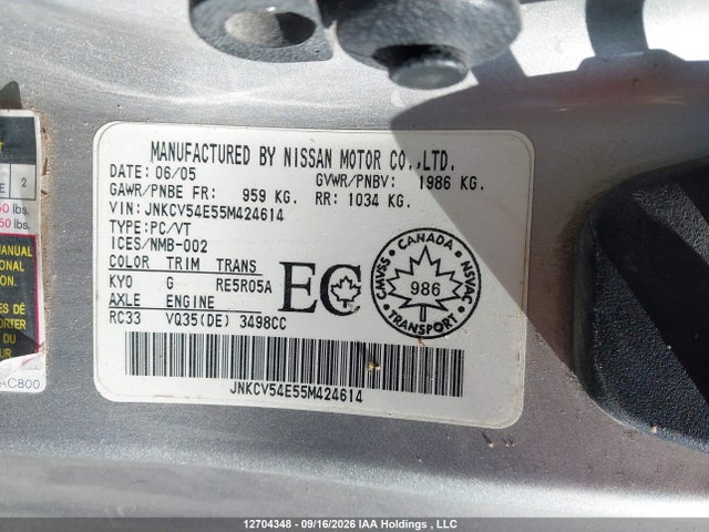 Продаж на аукціоні авто 2005 Infiniti G35, vin: JNKCV54E55M424614, номер лоту: 12704348