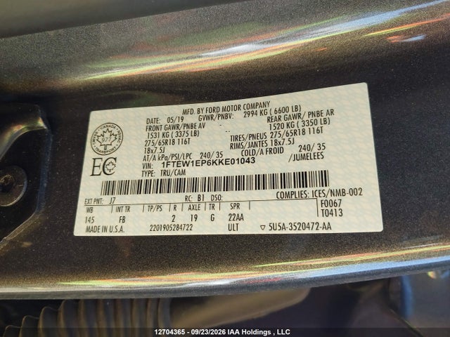 12704365 :رقم المزاد ، 1FTEW1EP6KKE01043 vin ، 2019 Ford F150 Supercrew مزاد بيع