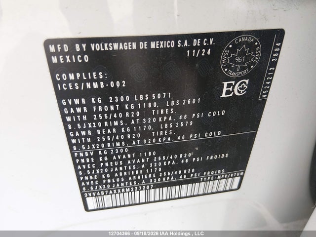 Aukcja sprzedaży 2024 Volkswagen Tiguan, vin: 3VV4B7AXXRM227207, numer aukcji: 12704366