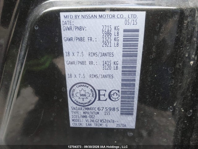 5N1AR2MM4FC675985 Nissan Pathfinder Platinum/s/sl/sv