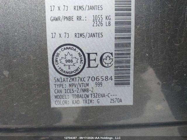 12704387 :رقم المزاد ، 5N1AT2MT7KC706584 vin ، 2019 Nissan Rogue S/sl/sv مزاد بيع