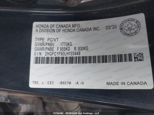 Продажа на аукционе авто 2020 Honda Civic Touring, vin: 2HGFC1F90LH103448, номер лота: 12704390