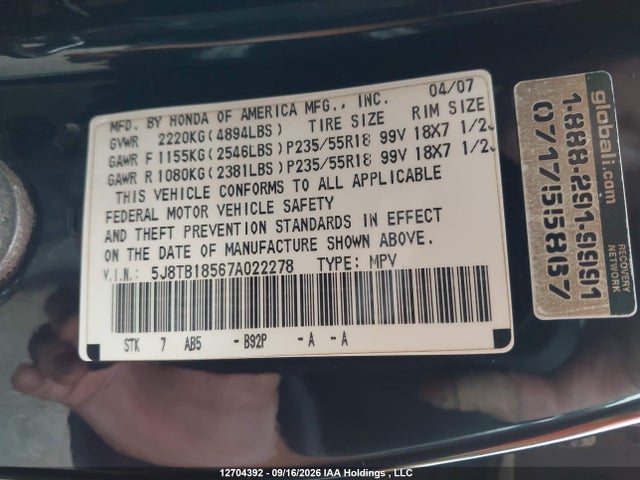 12704392 :رقم المزاد ، 5J8TB18567A022278 vin ، 2007 Acura Rdx مزاد بيع