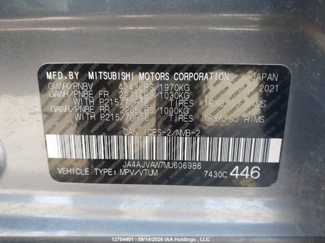 Auction sale of the 2021 Mitsubishi Rvr Se/sel/le/gt, vin: JA4AJVAW7MU606986, lot number: 12704401