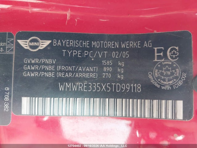 Aukcja sprzedaży 2005 Mini Cooper, vin: WMWRE335X5TD99118, numer aukcji: 12704402